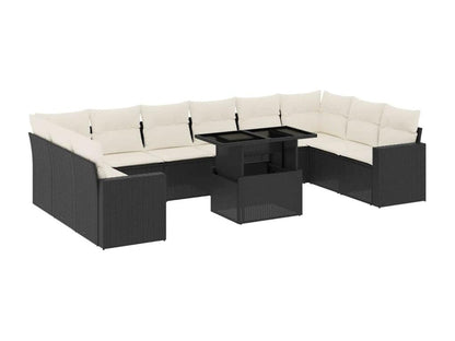11-piece garden furniture set with cushions, black woven resin