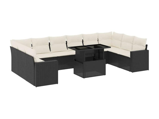 11-piece garden furniture set with cushions, black woven resin