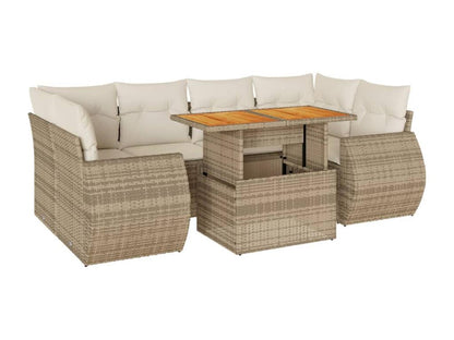 7-piece garden furniture set with cushions, beige woven resin