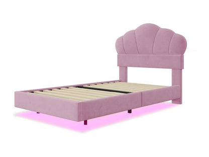 Single bed 90x200cm LED bed with slatted base by Meubiana and cloud-shaped headboard, concealed footboard, pink velvet fabric