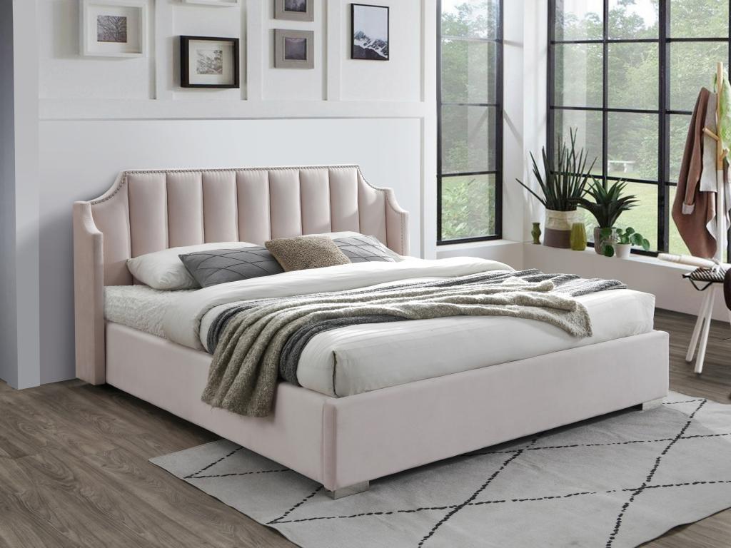 180x200 cm Storage Bed with Curved Headboard - Velvet - Pink - Homzora