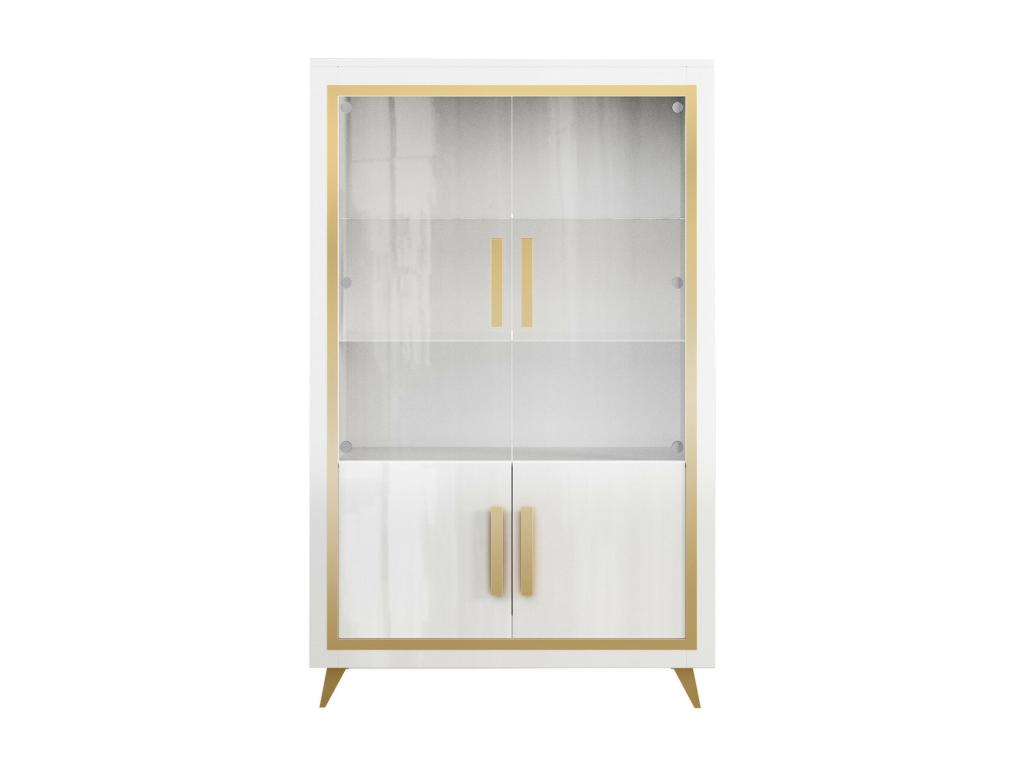 Homzora - White Living Room Set with Gold Decor, 190cm Table, Display Cabinet with LEDs