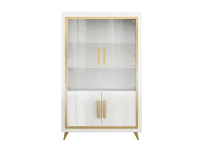 Homzora - White Living Room Set with Gold Decor, 190cm Table, Display Cabinet with LEDs