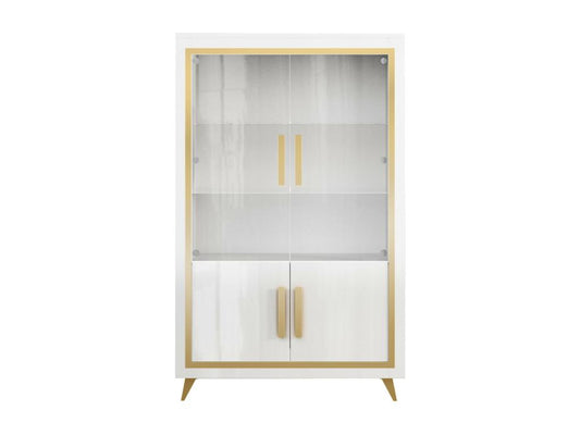 Homzora - White Living Room Set with Gold Decor, 190cm Table, Display Cabinet with LEDs