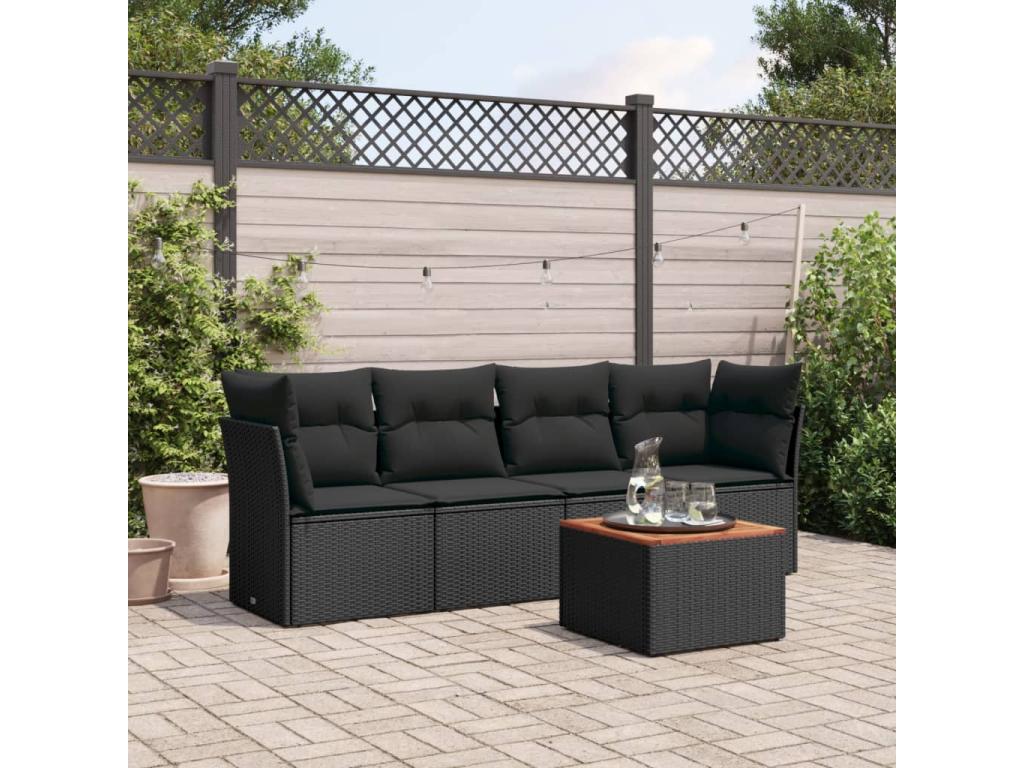 5-piece garden furniture set with cushions, black woven resin