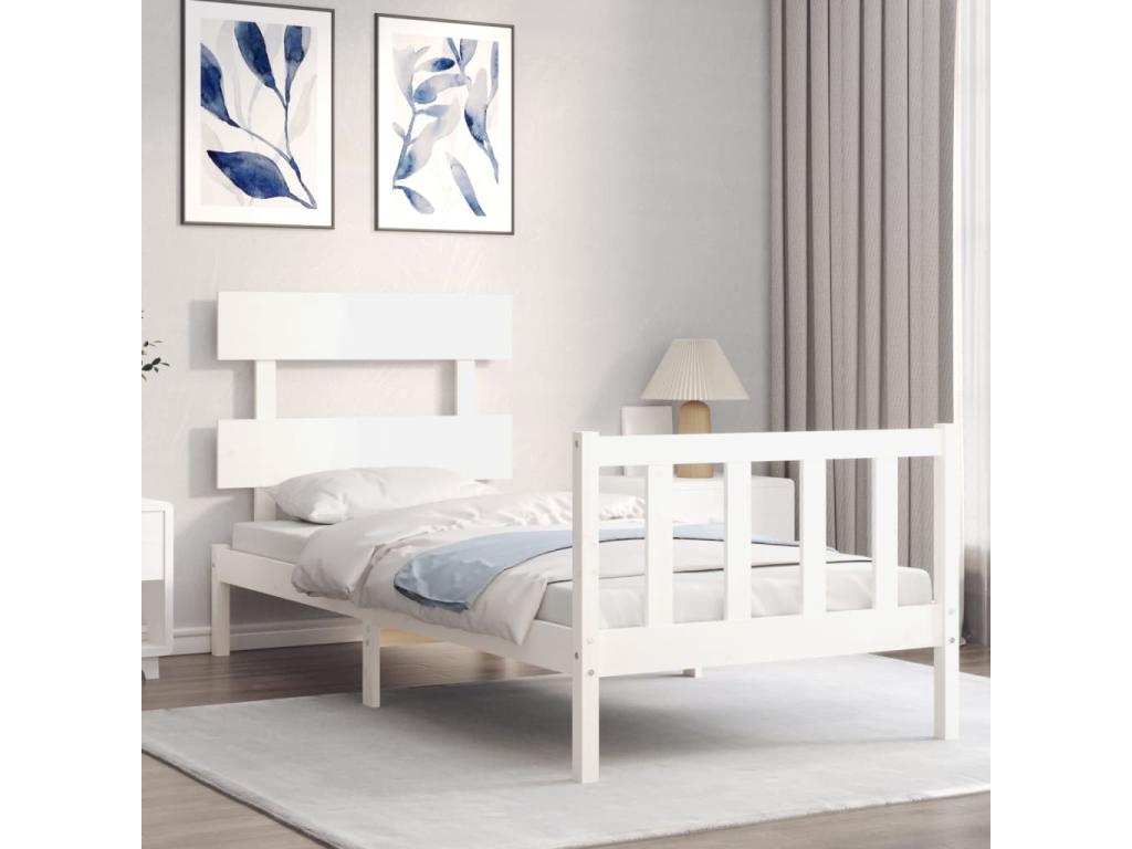 Bed frame with simple white headboard, solid wood