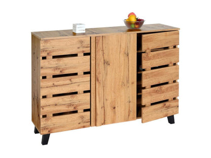 Homzora-M46 Chest of Drawers/Sideboard with 3 Doors and 8 Storage Compartments, 88x120x34cm, Natural Finish