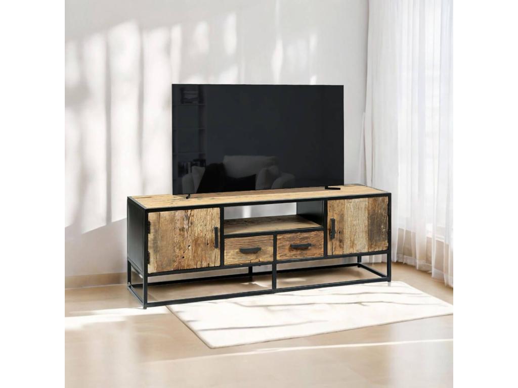 Homzora - TV Stand with 2 Doors and 2 Drawers in Recycled Teak