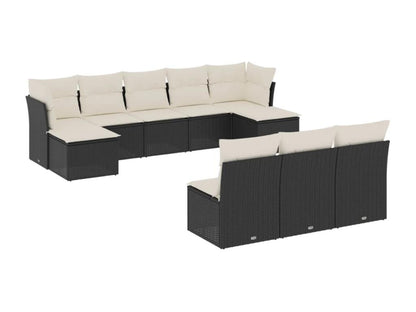 10-piece garden furniture set with cushions, black woven resin