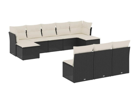 10-piece garden furniture set with cushions, black woven resin