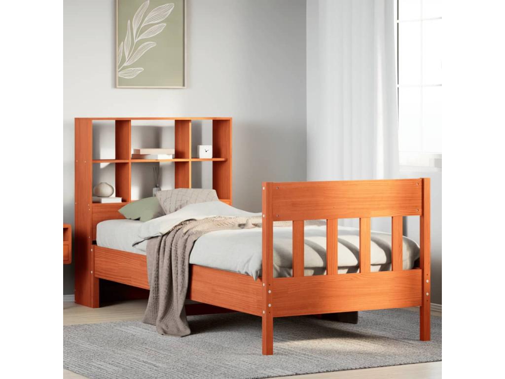 Bed frame without mattress, brown wax finish, 100x200cm, solid pine wood