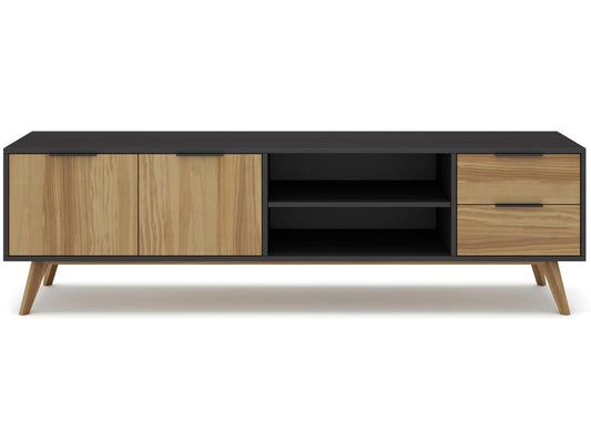 Solid pine TV stand with natural and black waxed finish, storage unit - Length 180 x Depth 40 x Height 52 cm