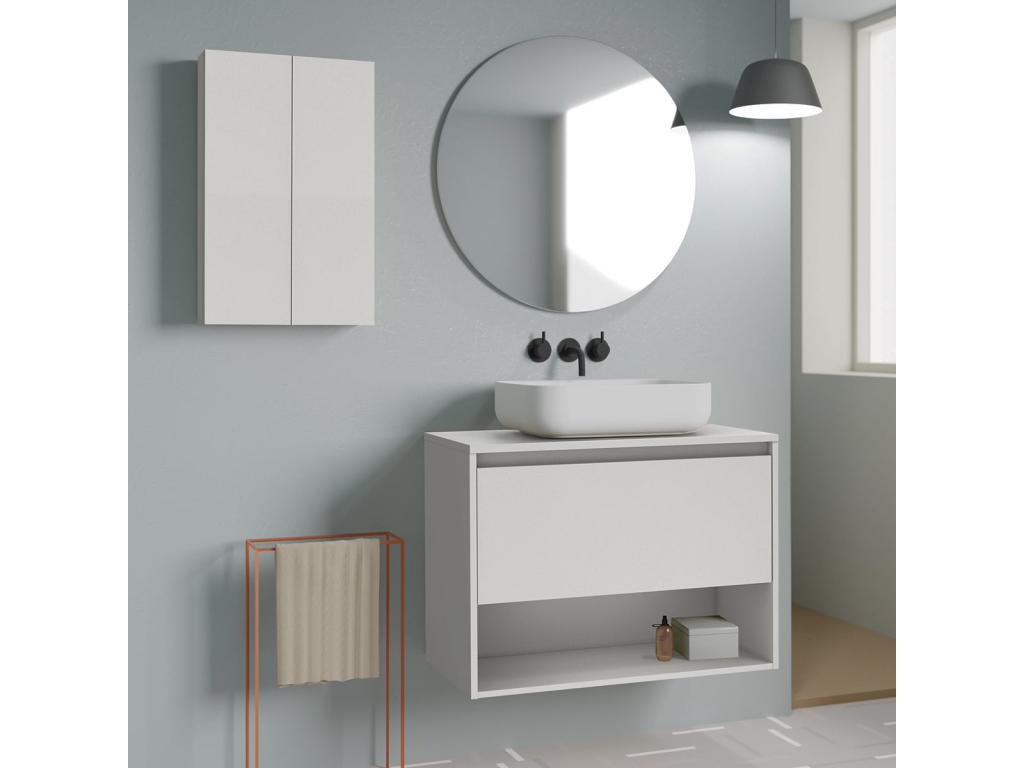 Wall-hung bathroom vanity unit with countertop basin, Meubiana glossy white, 80 cm. Mirror not included.