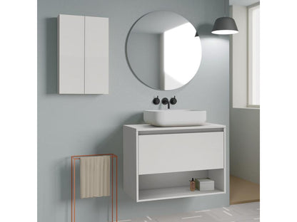 Wall-hung bathroom vanity unit with countertop basin, Meubiana glossy white, 80 cm. Mirror not included.