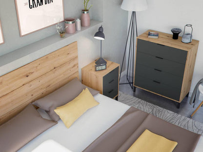Bedside table bedroom set including headboard and 2 bedside tables with 3 drawers, Damoros 160x2 cm, knot-effect oak and anthracite