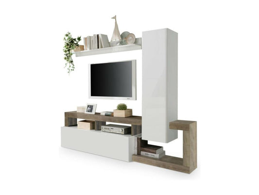 Meubiana living room furniture set with storage, 219 cm long, white lacquer/oak.