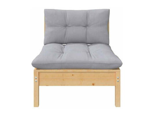 Garden center sofa with grey cushions. Solid pine wood.