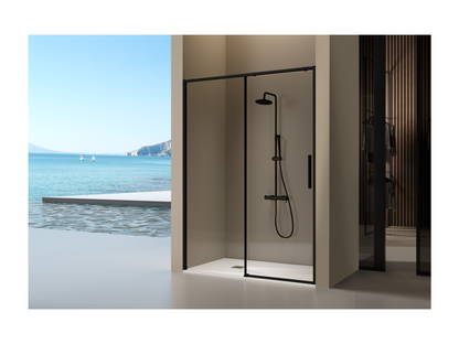 Meubiana fixed shower screen with sliding door, matte black, 157-159.6 cm