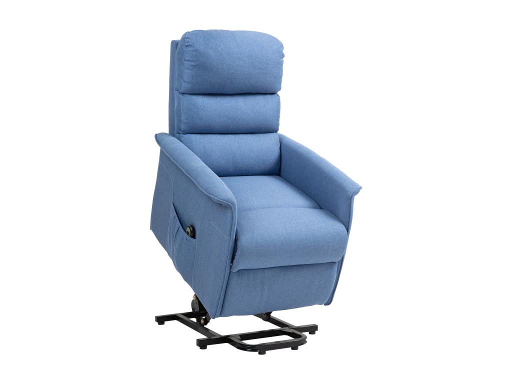 Electric recliner armchair with remote control - tilting lift chair with adjustable footrest - blue linen-look polyester fabric