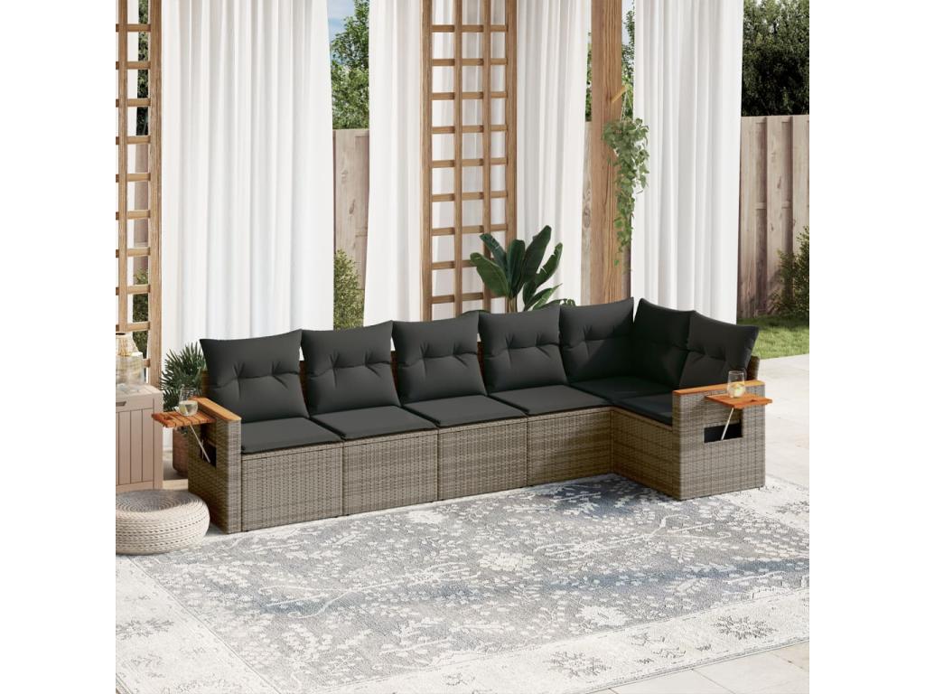 6-piece garden furniture set with grey resin wicker cushions