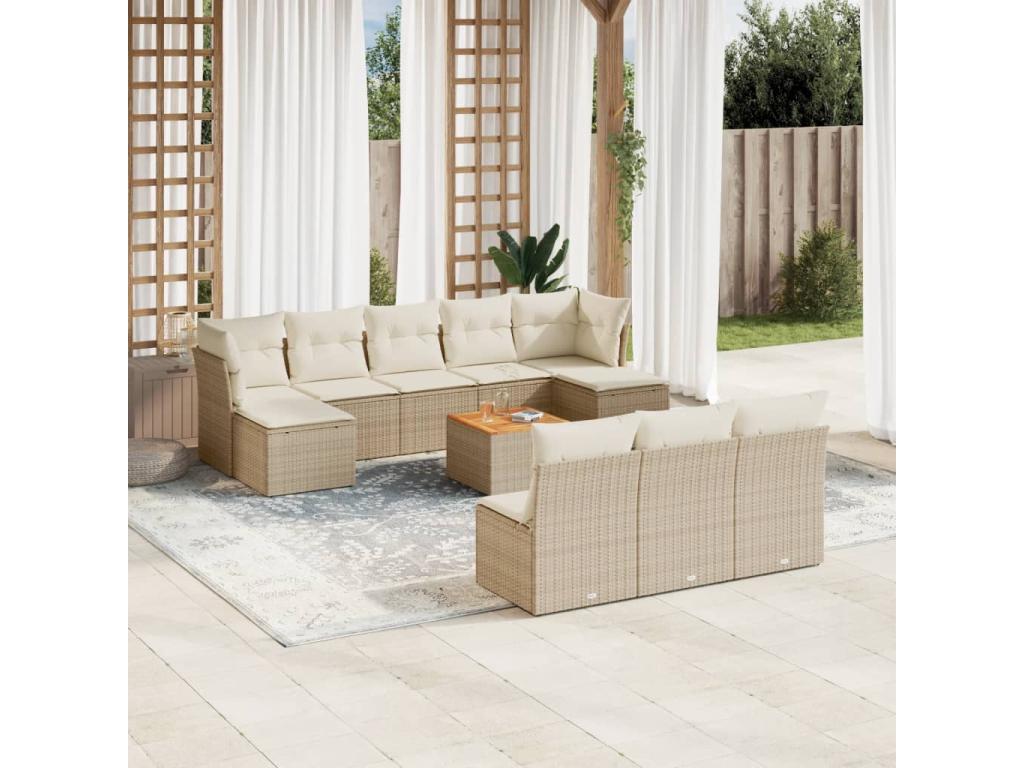 11-piece garden furniture set with beige resin wicker cushions