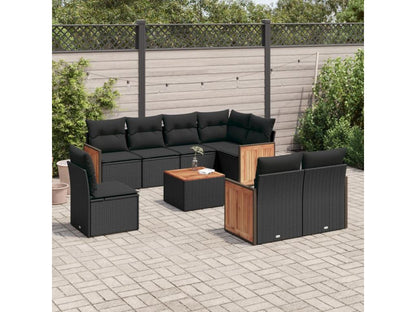 9-piece garden furniture set with cushions, black woven resin