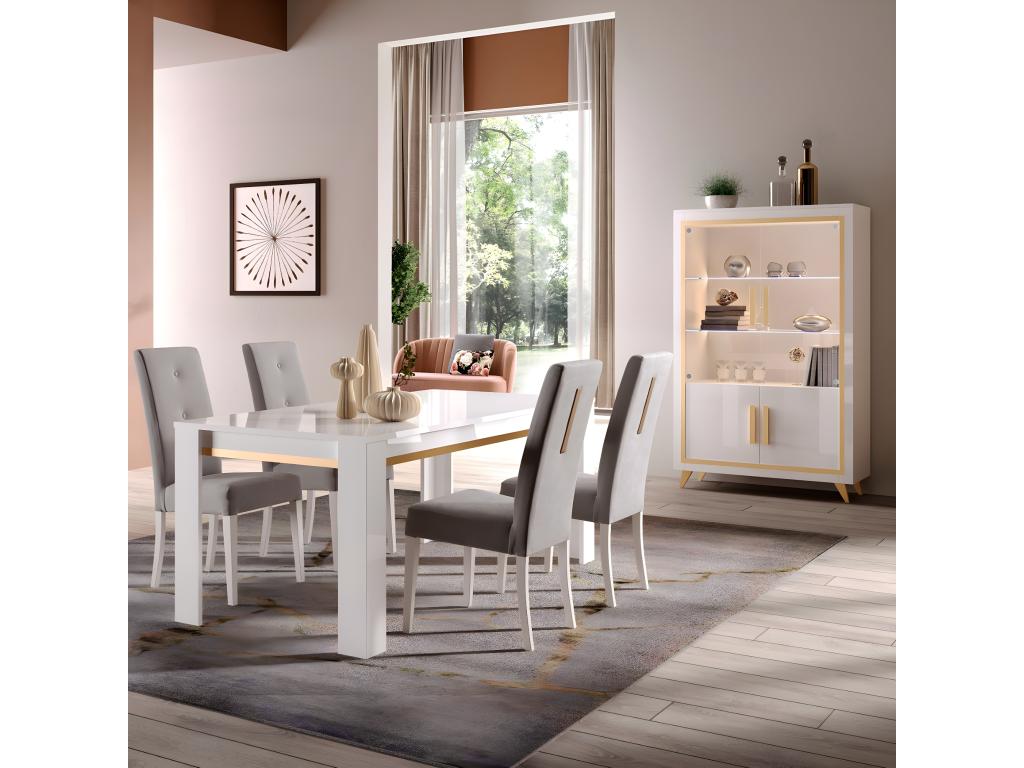 Homzora - White Living Room Set with Gold Decor, 190cm Table, Display Cabinet with LEDs