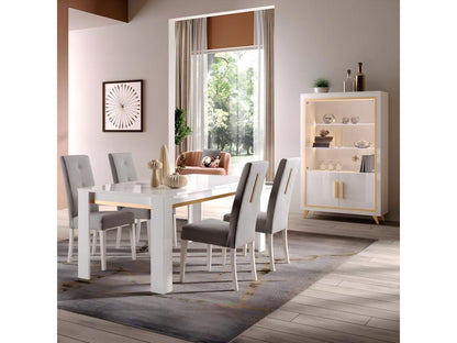 Homzora - White Living Room Set with Gold Decor, 190cm Table, Display Cabinet with LEDs