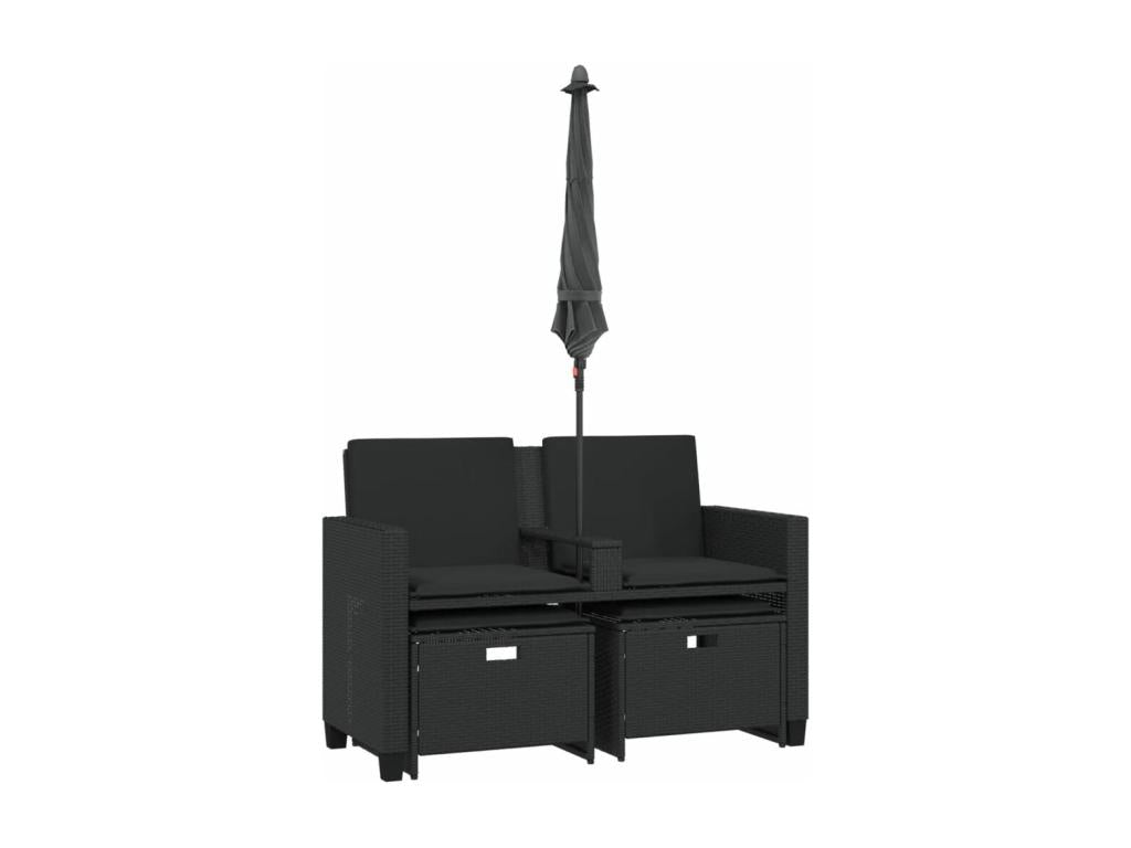 2-seater garden sofa with parasol and black rattan stools