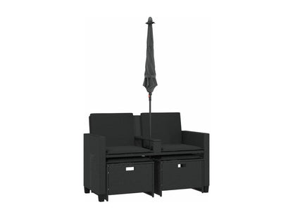 2-seater garden sofa with parasol and black rattan stools