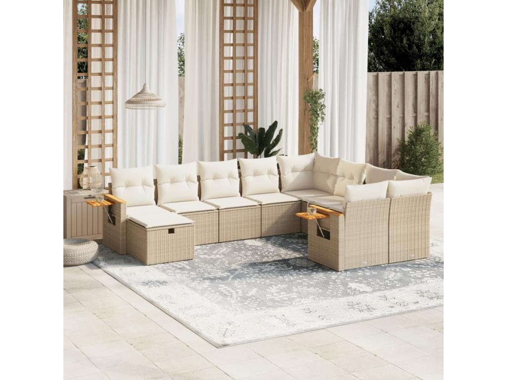 Garden furniture set with cushions, 10 pieces, beige woven resin