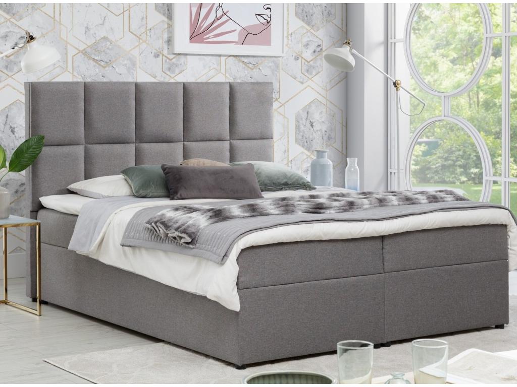 Light grey fabric box spring bed with mattress and topper Lizen - Sleeping area 160x200 cm