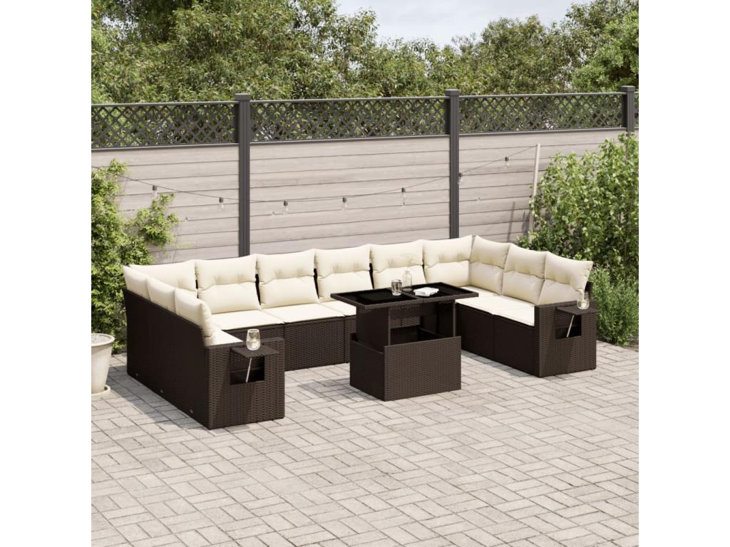 11-piece brown woven resin garden furniture set with cushions