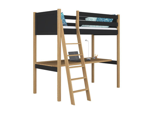 Wooden loft bed - with desk N04 Black / Natural Oak 120x190