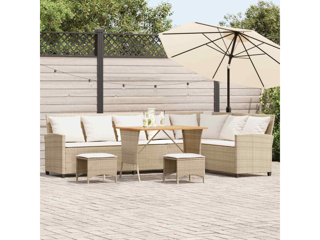 4-piece beige polyrattan garden furniture set with L-shaped cushions