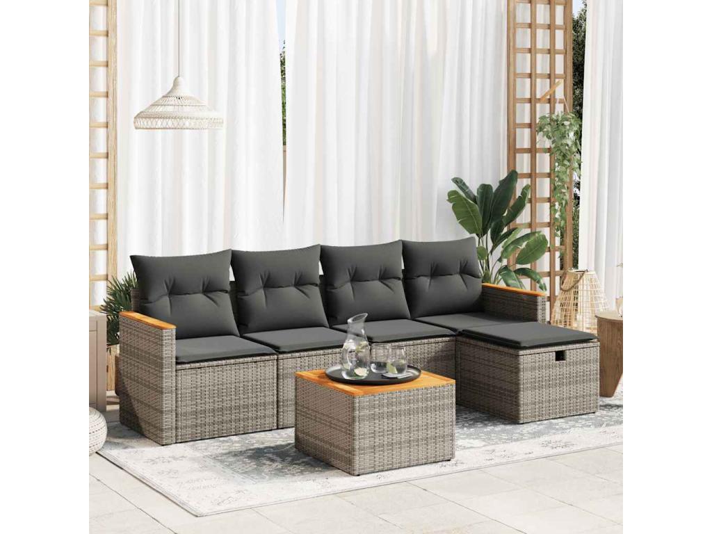 6-piece garden furniture set with grey resin wicker cushions