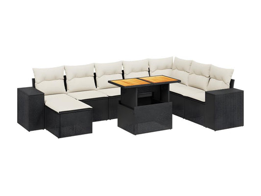 9-piece garden furniture set with cushions, black woven resin