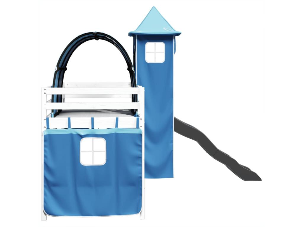 Children's loft bed with blue tower, 90x190 cm, solid pine wood