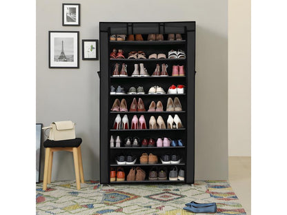 Black 10-tier shoe cabinet with protective cover and zipper - W88 x H160 cm