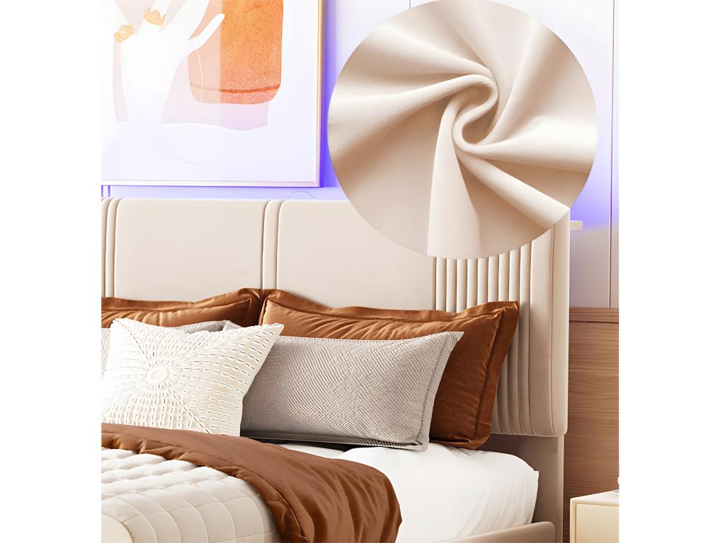 Upholstered double bed in velvet 140x200cm - with LED and USB charging port - with a large drawer - Beige