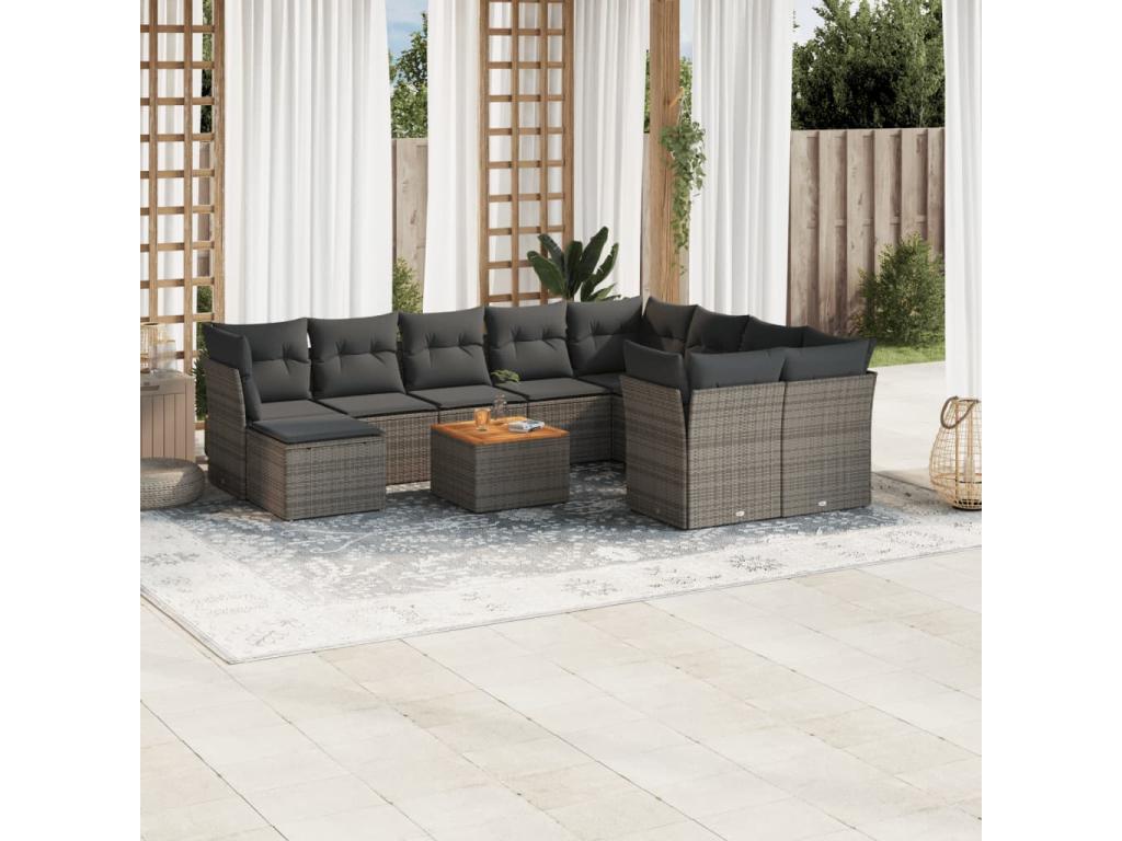 11-piece garden furniture set with grey resin wicker cushions