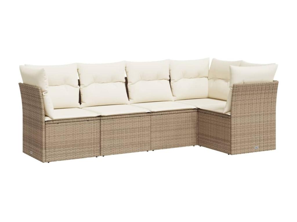 5-piece garden furniture set with cushions, beige woven resin