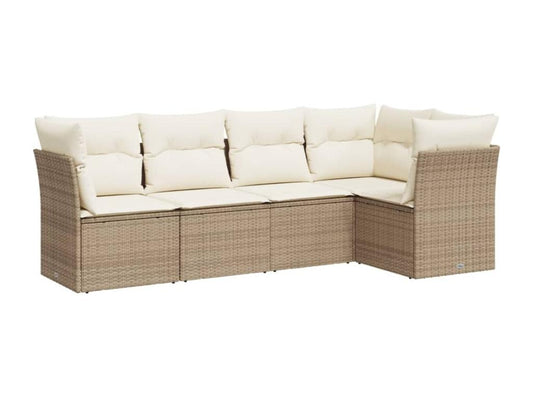 5-piece garden furniture set with cushions, beige woven resin