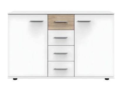 Chest of drawers, storage unit, white color with Hickory oak effect trim