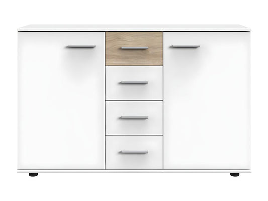 Chest of drawers, storage unit, white color with Hickory oak effect trim