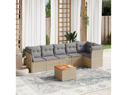 7-piece garden furniture set with cushions, beige woven resin