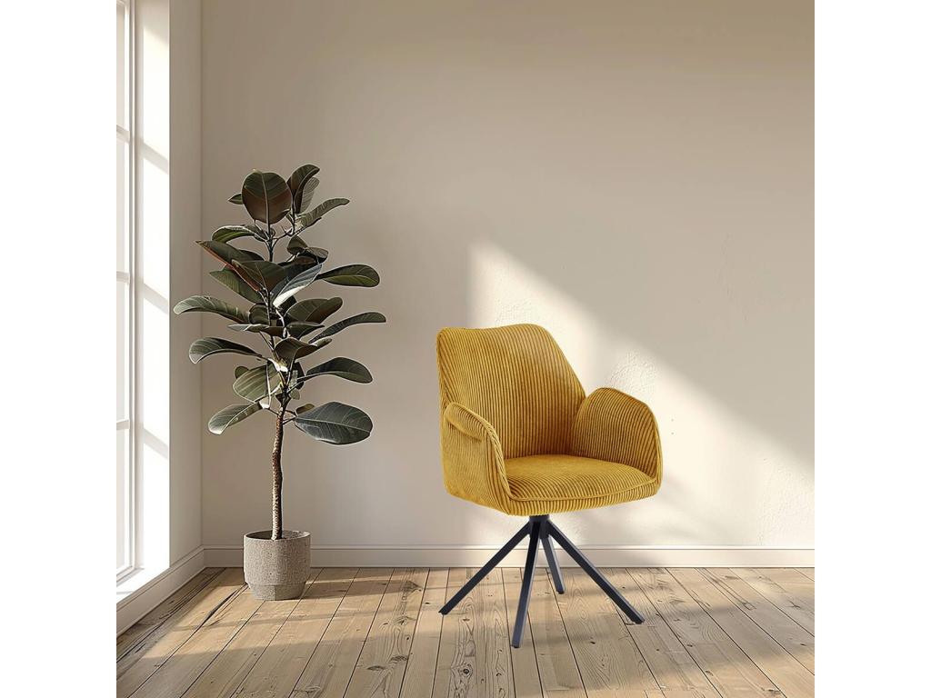 Meubiana - Set of 2 Swivel Dining Chairs in Yellow Corduroy Fabric