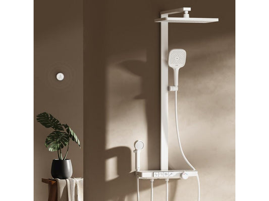 Homzora Shower Column with Thermostat 38℃ Rain Shower 40 cm Glass Shelf with 3 Hand Showers (Parent/Child) Shower Holder - White