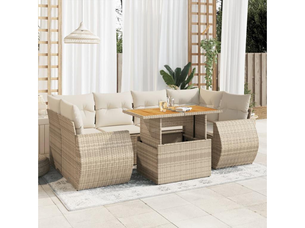 7-piece garden furniture set with cushions, beige woven resin