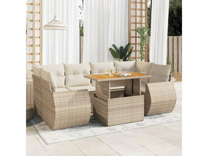 7-piece garden furniture set with cushions, beige woven resin